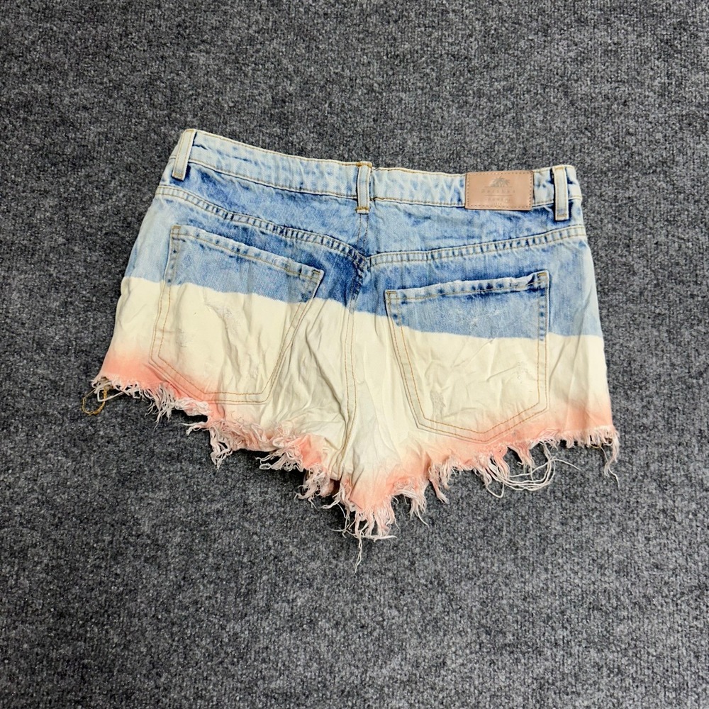 Bershka Denim Shorts Womens Size 29 Blue Pink Dip Dye Frayed Raw Hem Cotton - Picture 6 of 7